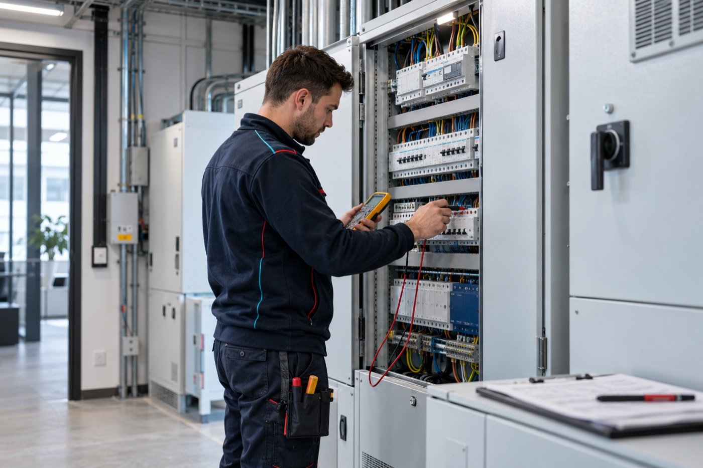 Electrician inspecting commercial electrical equipment