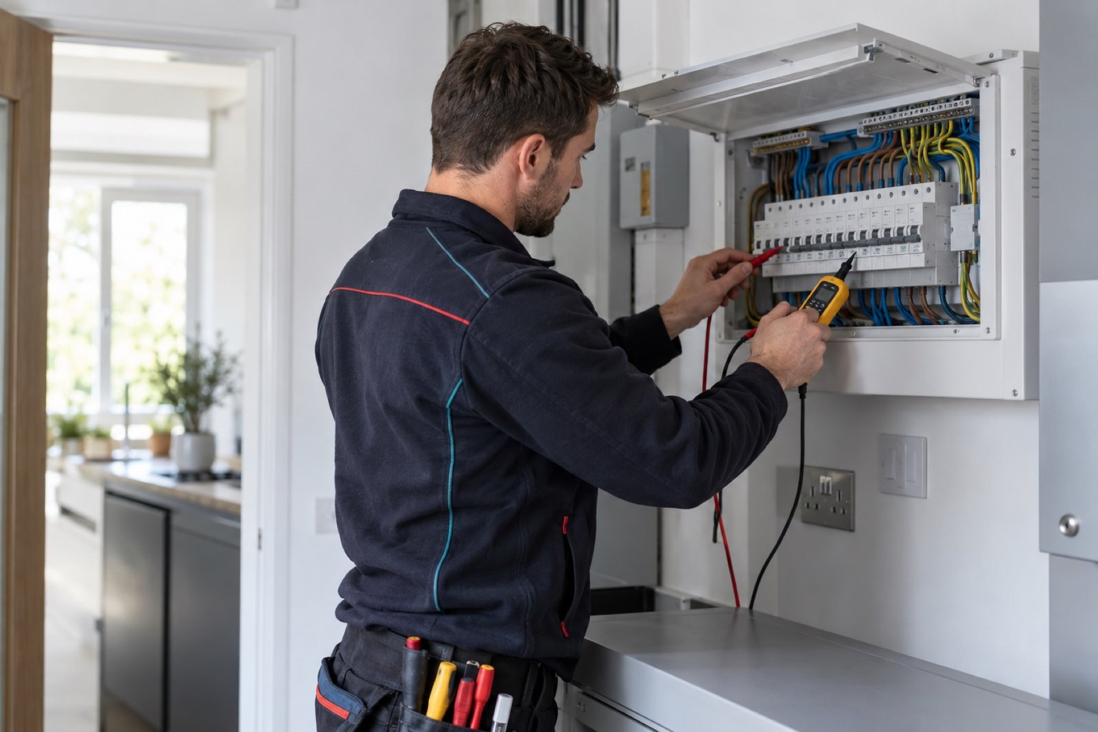 Electrician testing a modern consumer unit